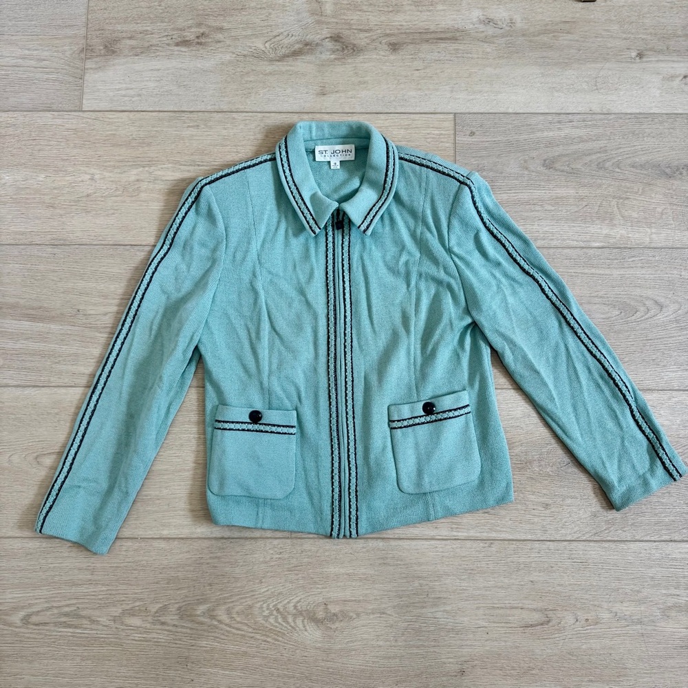 St. John Collection pistachio green knit jacket with black braided trim